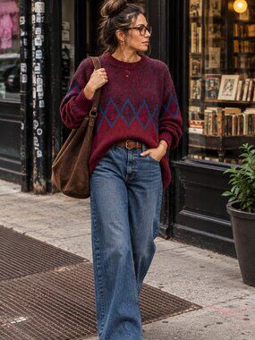 Vintage GAP 100% Wool Fair Isle Geometric Sweater Burgundy XL Boho